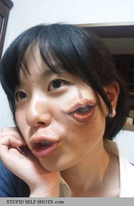 Duckface lips tattoo fail, selfie