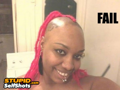 Girl with a bald head and a pony tail, self shot fail