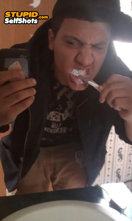 Brushing his teeth, self shot fail
