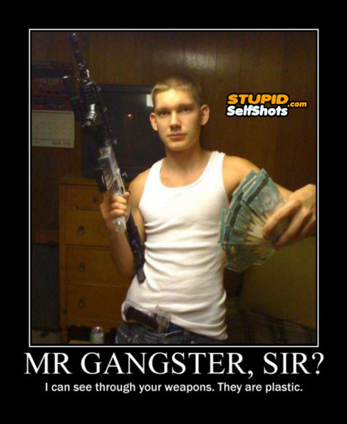 Fake gangster with plastic weapons, self shot