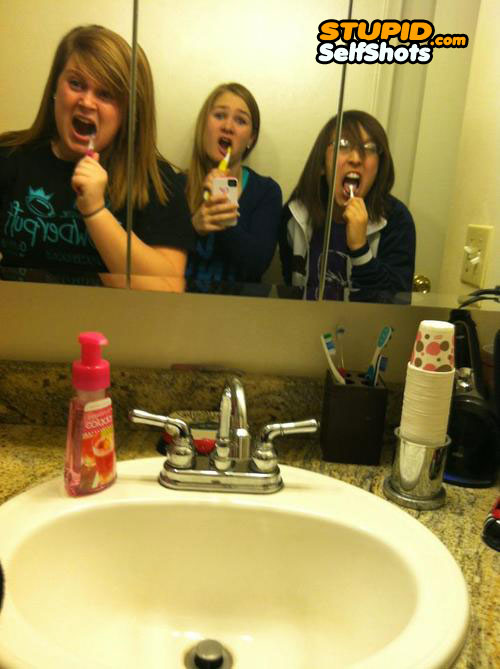 Brushing our teeth, bathroom self shot