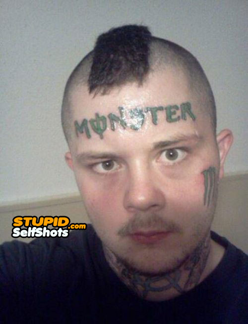 Monster forehead tattoo, selfie fail